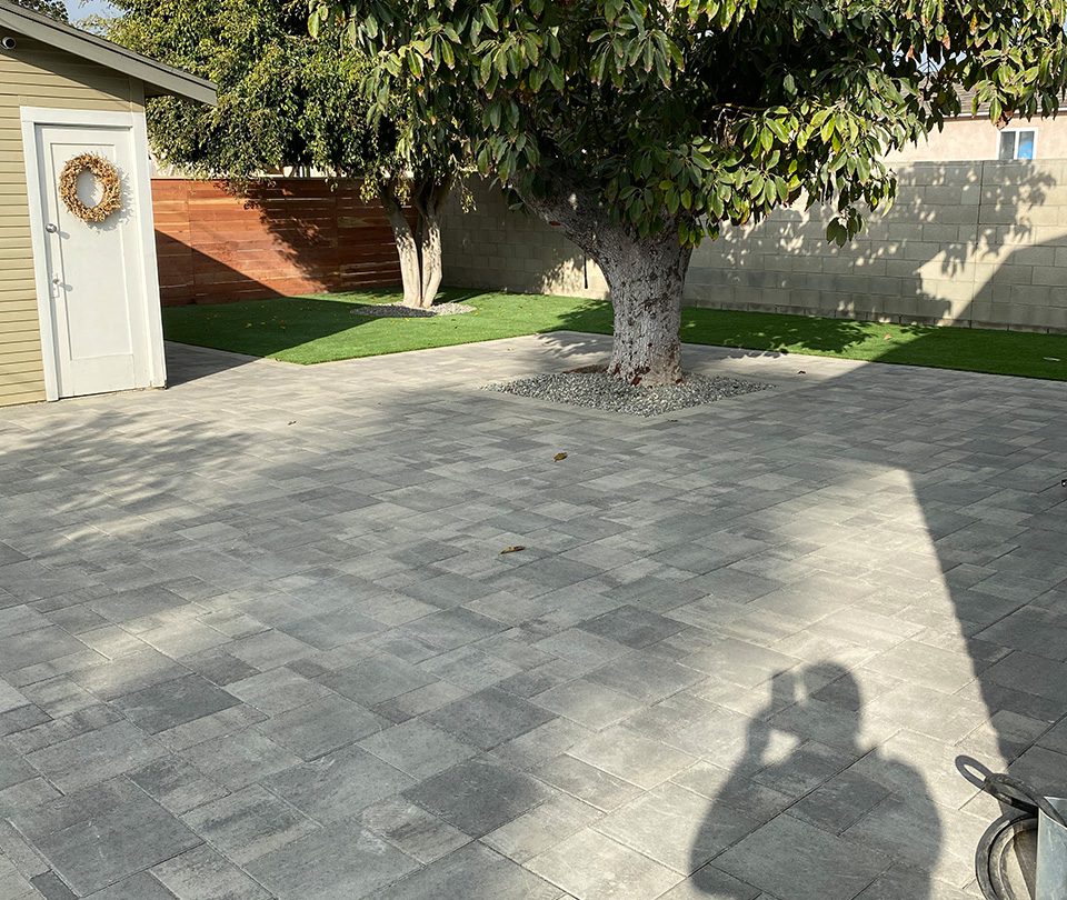 Light gray custom stone pavers with a tree