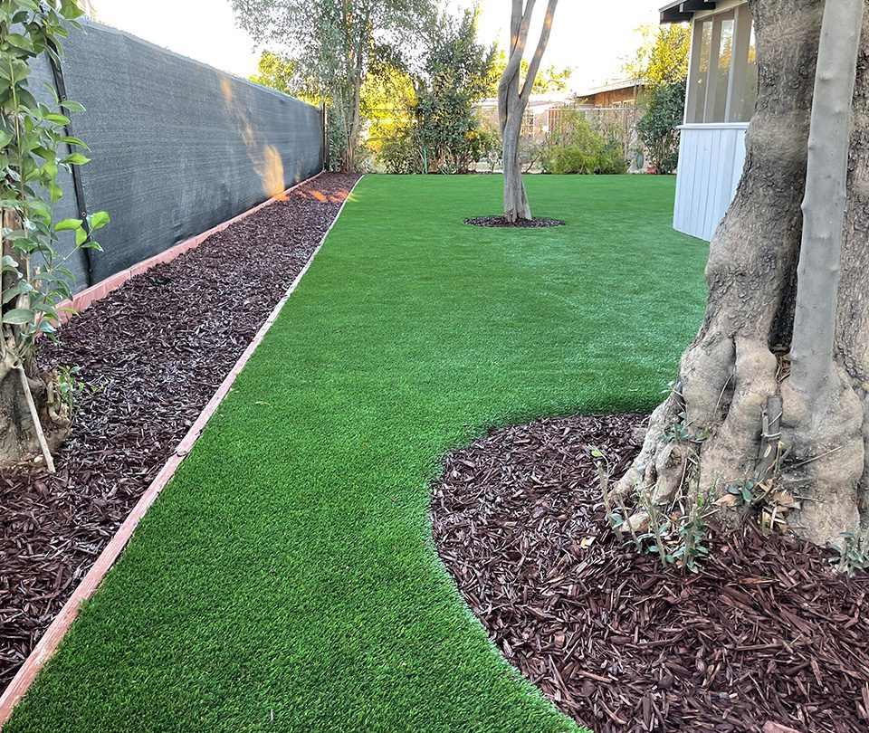 Pet-friendly turf installed around large trees